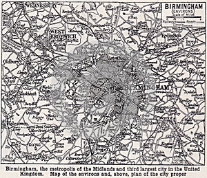 Vintage map of Birmingham Environs.