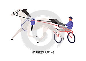 Harness racing flat vector illustration. Male chariot driver cartoon character. Equestrian sport contest, horseback