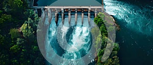 Harnessing Green Energy: Aerial View of a Hydroelectric Dam in Action. Concept Renewable Energy,