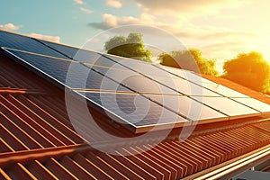 Harnessing the Power of the Sun Photovoltaic Panels Glistening under Summer\'s Radiant Light. created with Generative AI