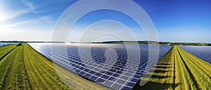 Harnessing Sun\'s Energy: Aerial View of a Vast Solar Power Station on a Green Meadow. Generative AI