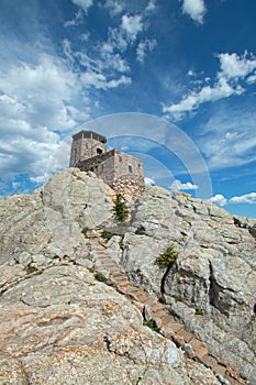 Harney Peak Fire Lookout Tower with stone masonry steps in Custer State Park in the Black Hills of South Dakota