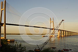 A harp cable-stayed bridge on the Parana river connecting Rosario and Victoria cities, Argentina