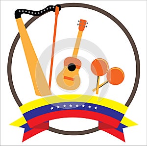 Harp, Cuatro and Maracas Venezuelan and colombian musical instruments with eight stars Venezuela`s flag