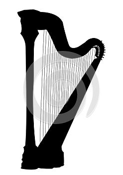 Harp isolated silhouette, musical intsrument black on white background, monochrome drawing