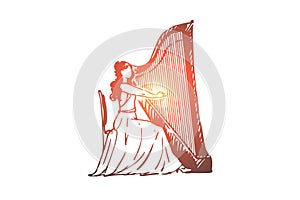 Harp, musician, woman, performance, instrument concept. Hand drawn isolated vector.