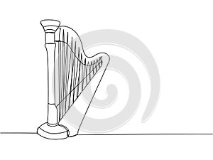 Harp one line art. Continuous line drawing of musical, melody, antique, culture, retro, tune, traditional, symphonic