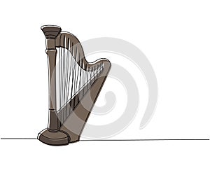 Harp one line color art. Continuous line drawing of musical, melody, antique, culture, retro, tune, traditional