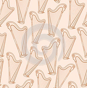 Harp, seamless pattern, beige, contour pattern, vector.