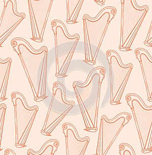 Harp, seamless pattern, pink, contour pattern, vector.