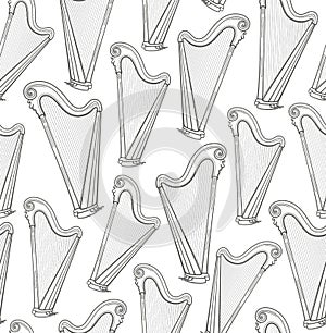 Harp, seamless pattern, white, contour pattern, vector