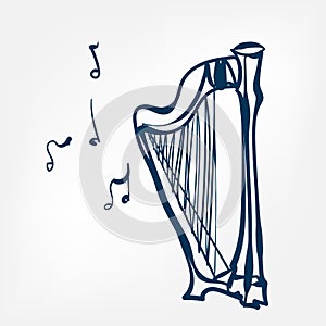 Harp sketch vector illustration isolated design element