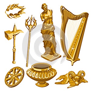 Harp, statue, weapons and other items of antiquity