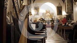 Harp Strings Sing: Music in the Church, Golden Altar Beckons, Rows of Congregants Await the Performance photo