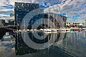 Harpa concert hall in Reykjavik harbor at morning, Iceland