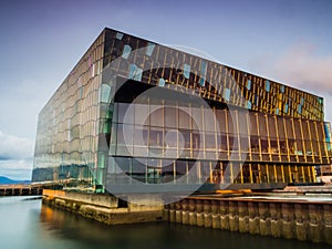 Harpa Concert Hall in Reykjavik at sunset