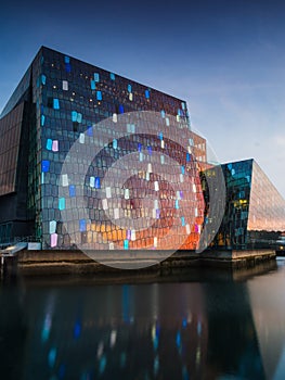 Harpa Concert Hall in Reykjavik at sunset