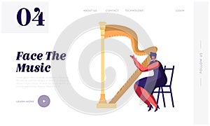 Harpist Musician Woman Playing on Harp Website Landing Page, Symphony Orchestra Classical Music Concert, Artist Perform on Stage
