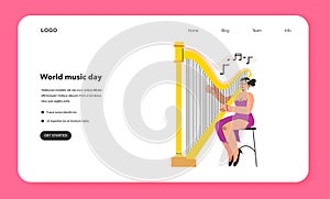 Harpist web banner or landing page. Young female character in a beautiful