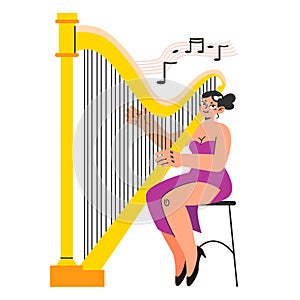 Harpist. Young female character in a beautifull dress playing a harp