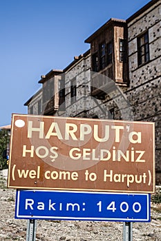 Harput City Sign Before Traditional Ottoman Houses