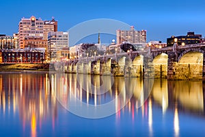 Harrisburg skyline and the historic Market Street Bridge at dusk