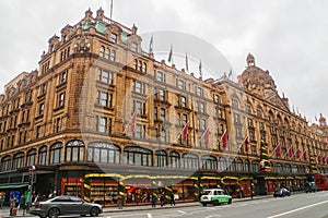 Harrod shopping center with Christmas season greeting decoration in London