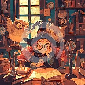 Harry Potter-Inspired Wizardry Scene with Bookshelf and Owl Friends