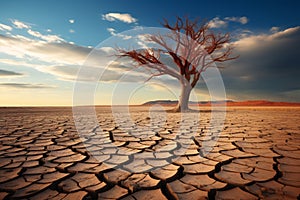 Harsh beauty lone tree defies the cracked and desolate desert