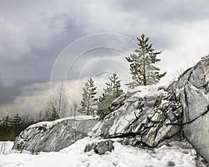 Harsh northern Misty landscape. Ruskeala marble quarries in Kare