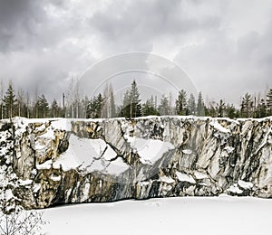 Harsh northern Misty landscape. Ruskeala marble quarries in Kare