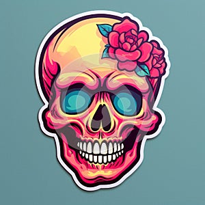 Harsh Realism Illustration Of Skull Sticker On Blue Background With Flowers And Magenta