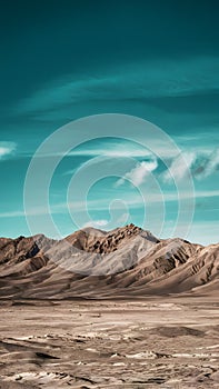 A harsh, solitary desert with jagged peaks under a vast blue sky.