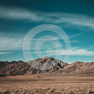 A harsh, solitary desert with jagged peaks under a vast blue sky.
