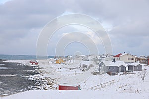 Harsh winter landscape in Lofoten Archipelago, Uttakleiv Beach, Norway, Europe. Cold landscape in Lofoten Islands.