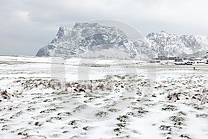 Harsh winter landscape in Lofoten Archipelago, Uttakleiv Beach, Norway, Europe. Cold landscape in Lofoten Islands.