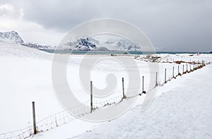 Harsh winter landscape in Lofoten Archipelago, Uttakleiv Beach, Norway, Europe. Cold landscape in Lofoten Islands.
