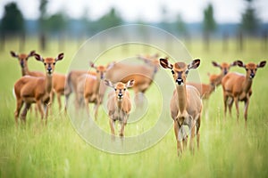 hartebeests herd with young calves in the center photo