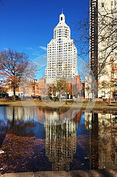 Hartford, Connecticut skyline reflected in pond