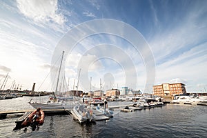 Hartlepool marina yachts moored on a sunny day with beautiful clouds