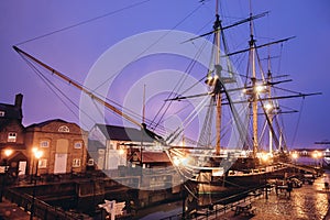 HMS Trincomalee tall ship illuminated at night, Hartlepool Maritime Museum