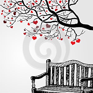 Harts tree with bench in white and gray background