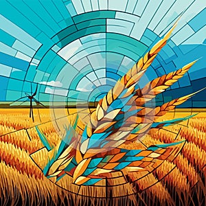 Harvest abstract composition with a big spike and a yellow wheat field against the sky. Mosaic style with circular composition