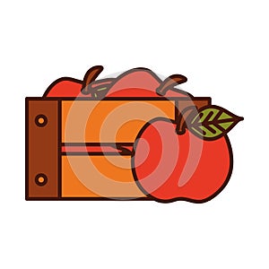 Harvest apples fruit in wooden basket line and fill icon