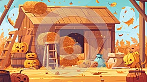 Harvest barn with straw and hay. Modern cartoon interior of old wooden shed with haystack on loft, ladder, fork, bags