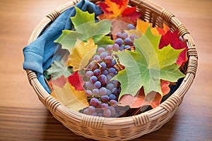 harvest basket full of tempranillo grapes, vine leaves photo