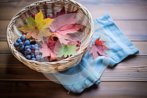 harvest basket full of tempranillo grapes, vine leaves photo