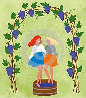 Harvest Card Vineyard, Woman and Grapes Vector
