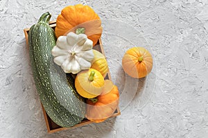 Harvest colored different vegetables gourds pumpkin, zucchini, squash in a wooden box on gray stone background. Top view Flat lay