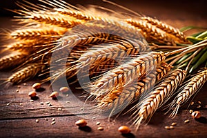 Harvest concept with sheaves of grain, wheat seeds crop photo